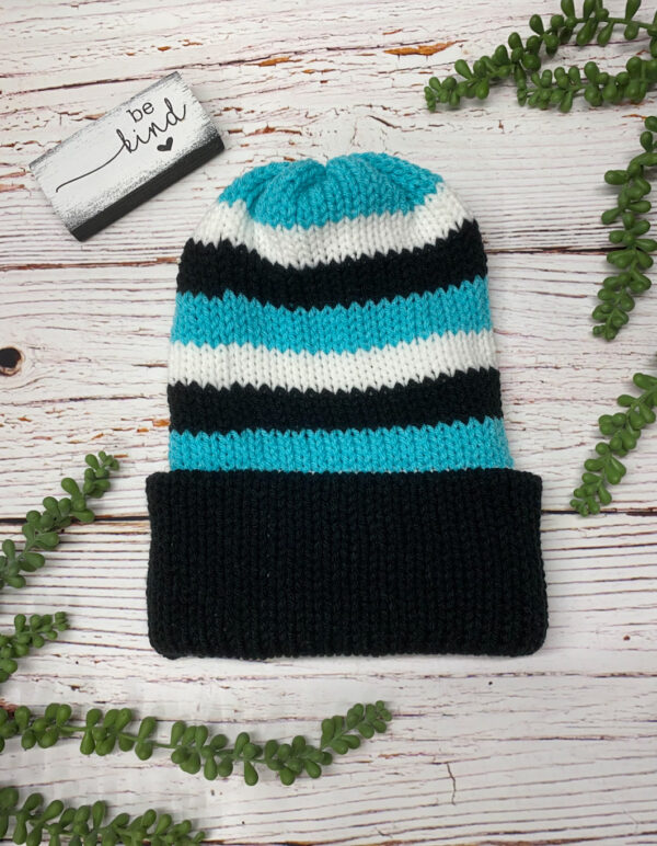 Adult Knit Slouch Brimmed Beanie - Blue, White, & Black